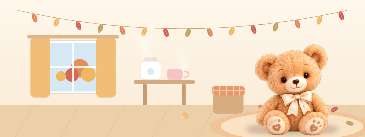 ファムちゃんが、秋のあたたかい部屋でくつろいでいるイラスト